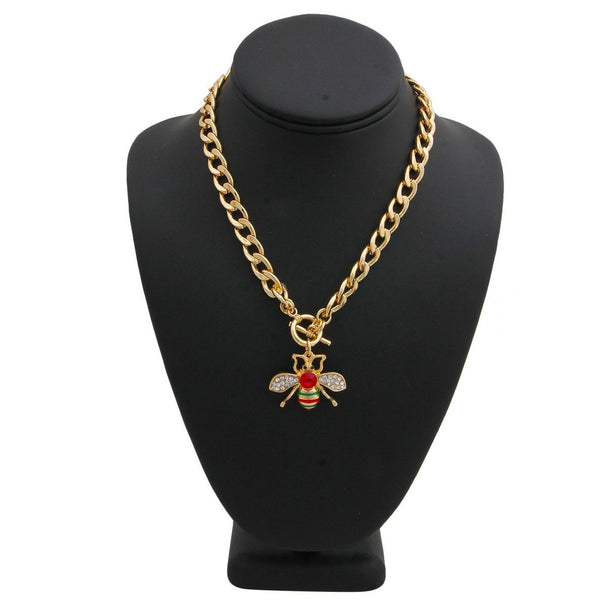 Gucci Style Rhinestone Bee Toggle Necklace w/red Rhinestone