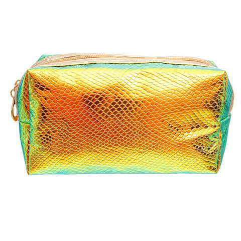 Orange Shiny Hologram Snake Pattern Cosmetic Bag